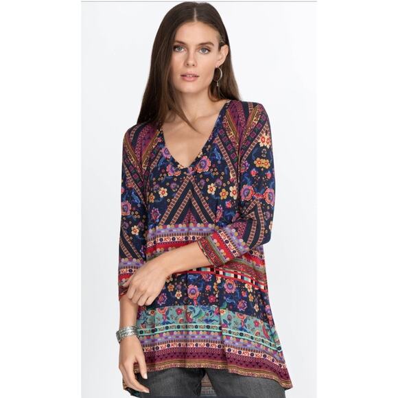 Johnny Was Womens Top Medium Cruz V Neck Swing Tunic Mixed Print Bamboo - Picture 4 of 11